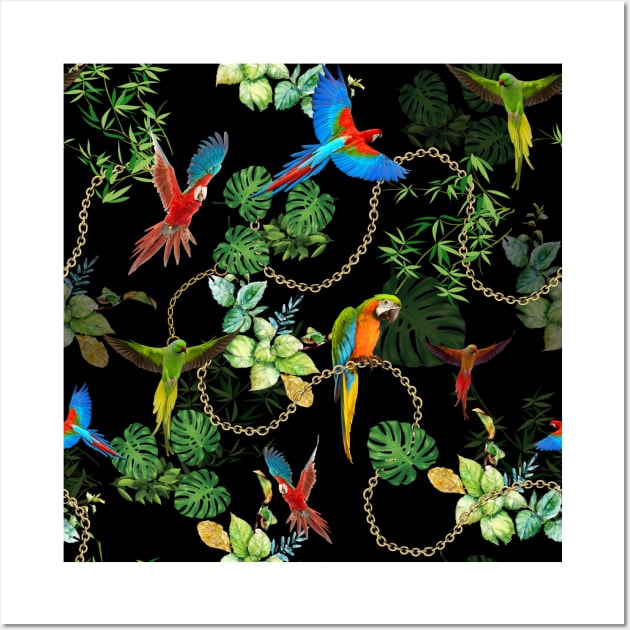 Parrots with gold chains and tropic leaves Wall Art by ilhnklv